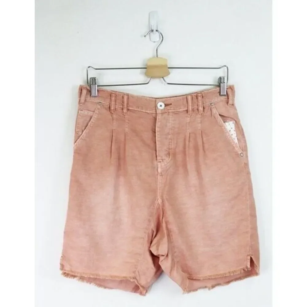NWT Free People Utility Harem Raw Hem Bermuda Short Braided Rose Pink Linen 2 - Picture 3 of 9